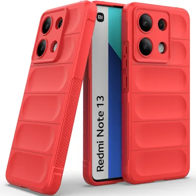 Two red phone cases are displayed next to a smartphone with the text "Redmi Note 13" on its screen.