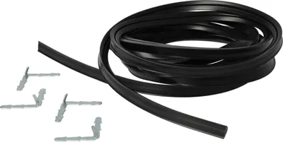 A black rubber door seal and several metal corner brackets are laid out on a white background.