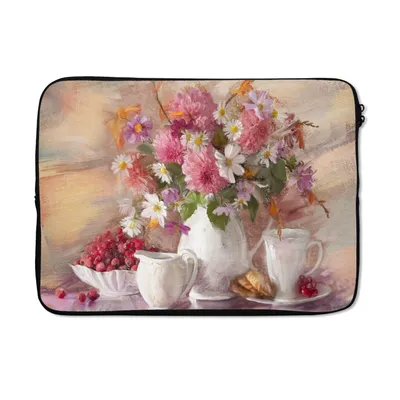 Produktbild von MuchoWow® Laptop Hülle 13 Zoll Gemälde - Blumen - Vase - Ölfarbe Laptoptasche - Laptophülle - Sleeve - Rundumschutz