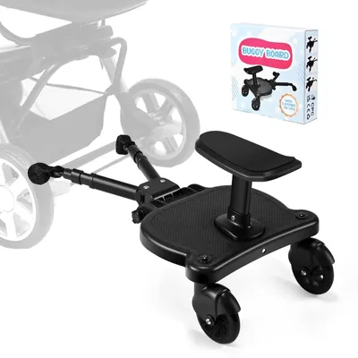 Immagine prodotto di Pattino da passeggio per passeggino - Buggy Board 2 in 1 con seduta e pedana - Con seduta - Universale - Per il secondo bambino - Fino a 25 kg - Per bambini da 1 a 2 anni - Nero