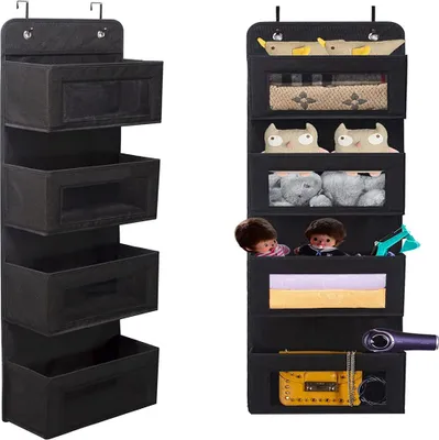 Produktbild von Hängeregal an der Tür, Hänge-Organizer aus weichem Stoff, 4 große Taschen mit klarem Fenster, faltbare Hängeaufbewahrung mit 2 Haken für Tür, Badezimmer, Kinderzimmer, Wohnzimmer, Schlafzimmer, Schwarz