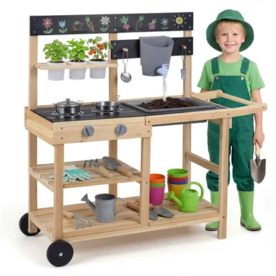 Produktbild von COSTWAY Matschküche Kinder Outdoor, Kinderküche mit Wassertank, Wasserhahn, Rädern, Spüle, 3 Blumentöpfen & 2 Herd, Gartenspielküche für Kinder 3+