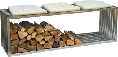 A metal firewood rack with three white cushions on top, filled with logs.