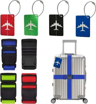 Produktbild von Koffergurt mit Gepäckanhängern Set von verstellbaren Kofferbändern zur persönlichen Identifikation für Reisen (Blau, Grün, Rot, Schwarz, 4 Stück)