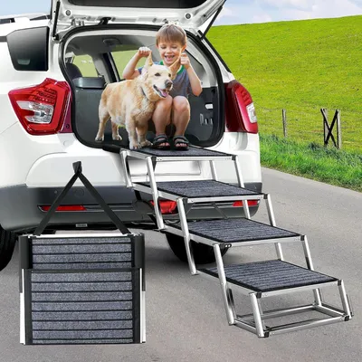 Produktbild von Breite Hunderampe aus Aluminium für Autos mit rutschfestem Teppich, 4 Stufen, klappbare Haustiertreppe für SUV und LKW