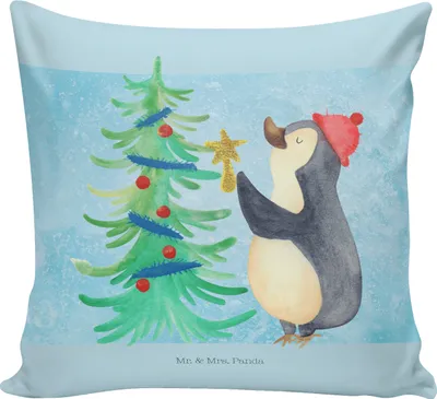 Produktbild von Mr. & Mrs. Panda Kissen 40x40 Pinguin Weihnachtsbaum - Eisblau - Geschenk, Kuschelkissen, Winter, Wintermotiv, Sofakissen, Polsterkissen, Deko, Weihnachten
