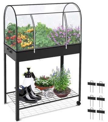Produktbild von VOUNOT® Metall Hochbeet mit Abdeckung, Rädern, Regal und 6 geteilten Gittern, Pflanztrog Kräuterbeet für Balkon, 80.5x43xx130cm