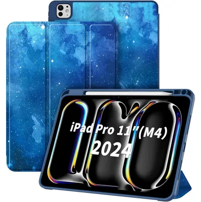 Image de Étui de protection pour iPad Pro 11 M4 (2024) avec support pour stylet, couleur bleu, motif étoiles