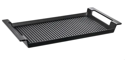 A black cast iron grill plate with raised ridges and handles on a white background.