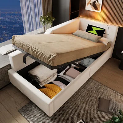 A bed with storage, set up in a room with a city view at night.