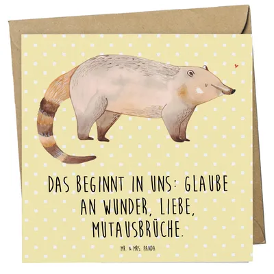 Produktbild von Mr. & Mrs. Panda Klappkarte Nasenbär - Gelb Pastell - Geschenk, anlasskarte, Nasenbären, Lustige Sprüche, doppelkarte, Rüsselbär, faltkarte, Bär, Grußkarte