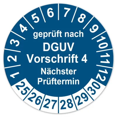 Prüfplakette DGUV V4, 30 mm, 2025-2030, 100 Stück, blau