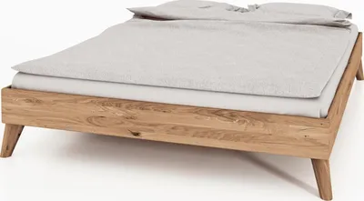 Produktbild von Bett Gerg 3 aus Wildeiche massiv bianco 140x200 cm ohne Kopfteil mit Holzbeinen
