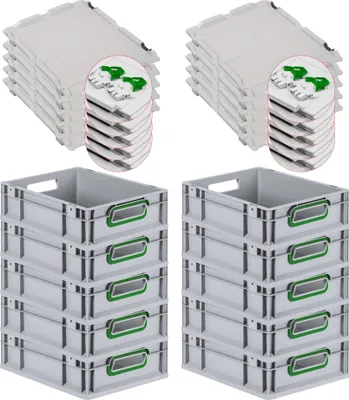 Produktbild von SuperSparSet 10x Eurobox NextGen Color mit Scharnierdeckel und Schiebeschnappverschlüssen | HxBxT 12x30x40cm | 11 Liter | Grau | Griffe grün offen | Glatter Boden | Eurobehälter, Transportbox, Transportbehälter, Stapelbehälter