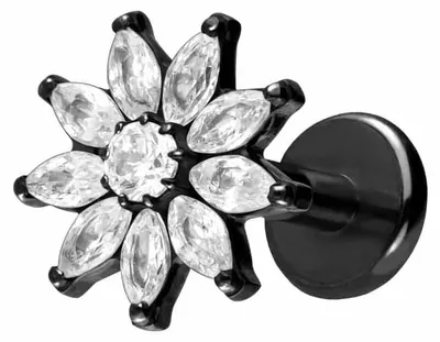 Produktbild von Ohrpiercing, Nasenpiercing Titan Labret mit Push Fit KRISTALLBLUME Schwarz Stablänge: 5mm | Stabstärke: 1,2mm