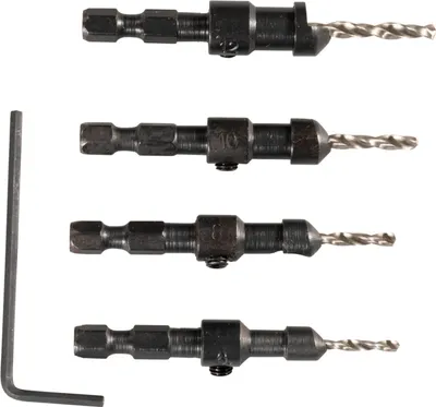 Four drill countersinks and an Allen wrench are laid out on a white background.