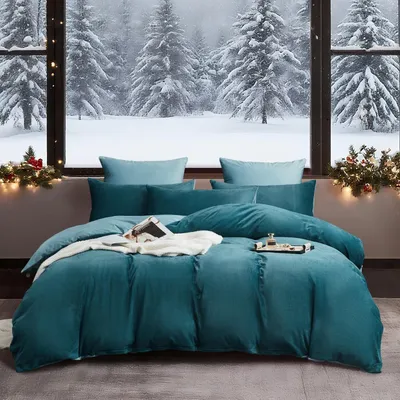 Produktbild von Winter Bettwäsche 155x220 cm Petrol Hellblau 3-teilig Plüsch Mikrofaser Wendebettwäsche mit Reißverschluss