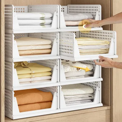 Produktbild von 8 Set Faltbar Plastik Lagerkisten,Stapelbare Kleiderschrank Organizer,Aufbewahrungsboxen Regal Körbe Transport boxen für Küchen Schlafzimmer 33x43x56