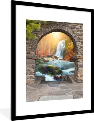 Produktbild von MuchoWow® Gerahmtes Poster Aussicht - Wasserfall - Herbst - Landschaft 60x80 cm - Poster mit Schwarzem Bilderrahmen Wandposter Rahmen Foto Bilder - Wohnzimmer - Dekorationen - Prämie