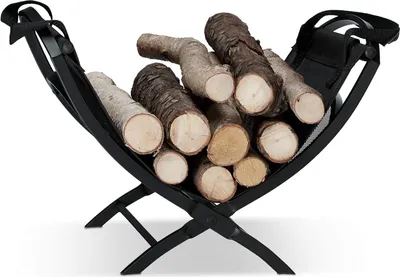 Produktbild von Famanu Holzkorb mit Tragetasche - 32 x 43,5 x 32 cm - aus Stahl - Feuerholzaufbewahrung - Zeitschriftenhalter - schwarz
