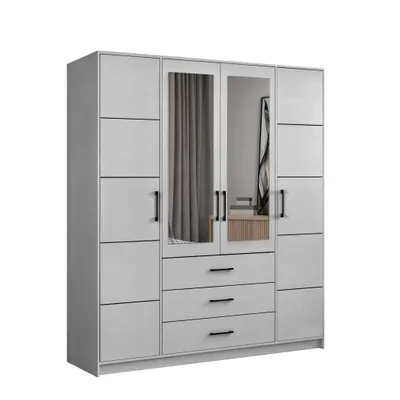 Produktbild von Drehtürenschrank Kleiderschrank 200 cm breit mit Spiegeln, 3 Schubladen und dekorativen streifen – Grau mit schwarzen Griffen