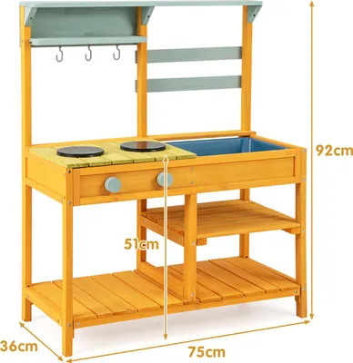 Produktbild von GOPLUS Matschküche Kinder Outdoor, Spielküche aus Holz mit Abnehmbarer Spüle & 3 Haken zum Aufhängen, Kinderküche mit Stauraum für den Garten, Gelb