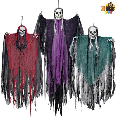 Productafbeelding van Halloween decoratie: skelet (134 cm), zeemansfiguur (80 cm), geesten. Kleur: [Hier ontbreekt de kleur, dus die moet worden aangevuld]