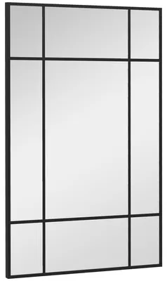 Produktbild von Eleganter Wandspiegel 90x60 cm Schwarz im Gitterdesign - Rechteckiger Dekospiegel mit Metallrahmen für Flur und Wohnzimmer - Hoch und Quer aufhängbar