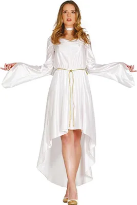 A woman wearing a white angel costume with flowing sleeves and a gold belt, standing against a white background.