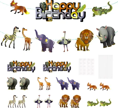 Produktbild von Oblique Unique Happy Birthday Geburtstag Party Deko Set - Tier Girlande + 18x Torten Topper / Konfetti für Kinder Geburtstag Deko