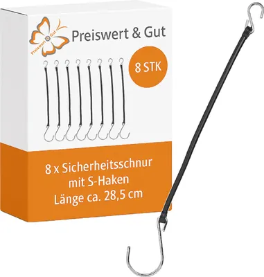 Produktbild von 8x Sicherheitsschnur mit S-Haken – Pferdeanhänger Zubehör, PVC mit Metallhaken, für Anhänger Bordwandverschluss, 28,5cm
