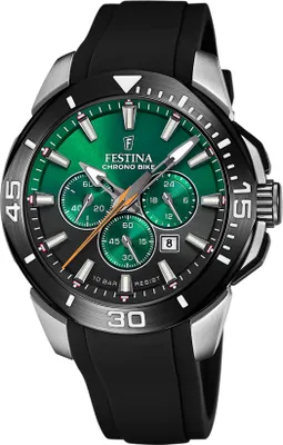 A close-up studio shot of a men's chronograph watch with a green dial and black strap.