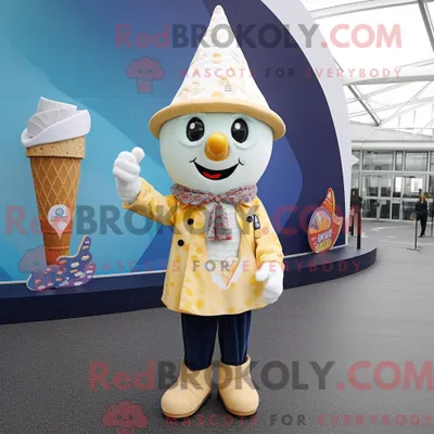 Productafbeelding van Mascottefiguur REDBROKOLY van een ijshoorntje gekleed met een Bootcut Jeans en sjaalpinnen