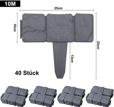 Obrázek produktu pro Obruba trávníku plastová ve vzhledu kamene 10m obruba záhonu sekací obruba záhonu obrubníky plastové pro palisádu zahrady 25cm x 23cm(D x V) - 40 kusů/10M antracit CEEDIR