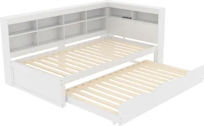 Produktbild von Schlafsofa 90x200cm Massivholzbett (Ohne Matratze) Holzbett 90x190cm Ausziehbares Bett Multifunktionsbett Mit USB-Steckdose und Ablagefächern Weiß