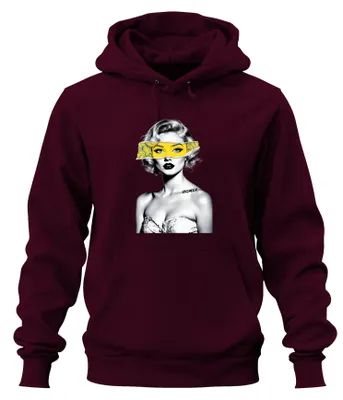 Immagine prodotto di Felpa con cappuccio unisex Pop Art HOMER con donna bionda, maschera gialla e occhi blu in stile retrò, bordeaux, taglia M