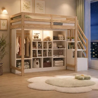 Productafbeelding van Hoogslaper 90 x 200 cm, houtkleur, met opbergruimte, LED-verlichting en een zijtrap, geschikt voor kinderkamers