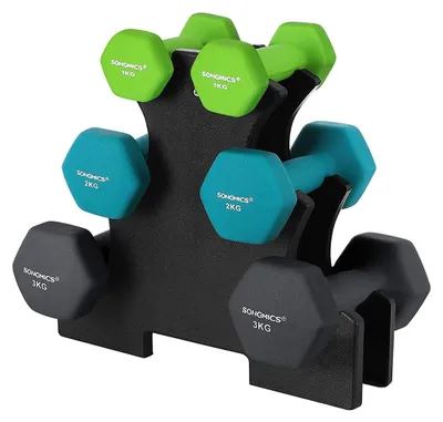 Immagine prodotto di Set di manubri con supporto, in neoprene, da 1/2/3 kg, composto da 6 pezzi – Verde lime/Turchese