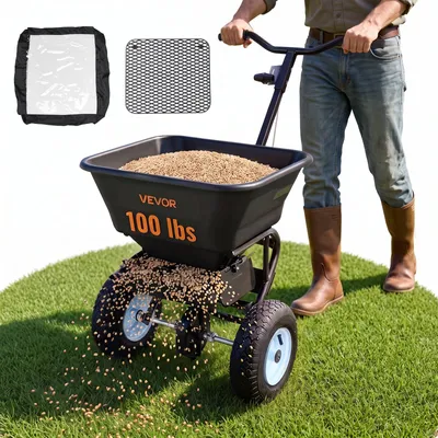 Produktbild von VEVOR Handgeführter Streuer, 3,66 m Streubreite, Schiebestreuer mit 13" All-Terrain-Reifen, einstellbare Durchflusskontrolle, 59 kg Fassungsvermögen, Rasenstreuer für Dünger, Saatgut, Eisschmelze, 100 lbs