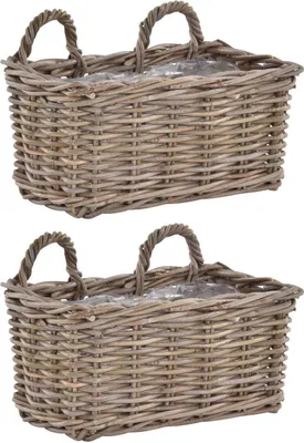 Produktbild von KRINES HOME Set / 2 Rattan Balkonkorb Grau Pflanzkorb mit Folie Balkonkasten zum Aufhängen Pflanz-Topf Wand Korb Balkon (40cm)
