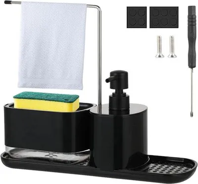 Produktbild von 2-in-1 Seifen-Dispenser mit Schwamm-Halter für die Küche | Füllbar und ideal für Spülen und Handwaschen | Schwarz