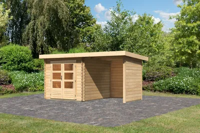 Produktbild von Gartenhaus Blockbohlenhaus Gerätehaus Bastrup 4 im Set mit Anbaudach 2 m breit, 28 mm Seiten - und Rückwand naturbelassen 419x297x222 cm