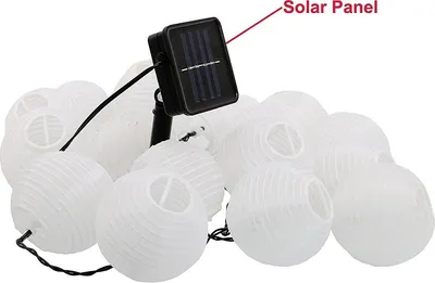 A string of white paper lanterns with a solar panel attached.