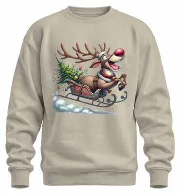 Zdjęcie produktu dla Rudolph Reindeer Sleigh Christmas Tree Bells Cartoon Funny Uni Sweatshirt Pullover, Nature, L