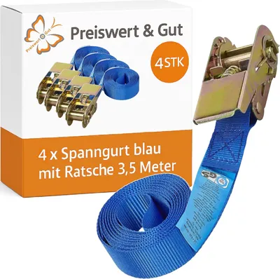 Produktbild von 4x Spanngurt blau mit Ratsche 3,5 Meter – Zurrgurt Ladungssicherung | Abspanngurt 500kg Tragkraft Befestigungsriemen