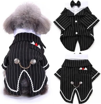 Produktbild von Hundesmoking mit Schmetterlingskragen - formelles Schwarz-Weiß gestreiftes Hundekostüm, elegante Hochzeitskleidung, Geburtstagsfeiertagskleidung, für kleine und mittelgroße Hunde geeignet
