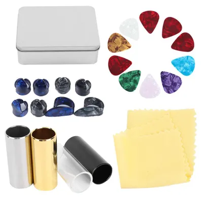 Produktbild von Gitarrenzubehör-Set: 10 Plektren aus Zelluloid, 4 Gitarren-Slider, 8 Fingerlinge mit Eisenbox