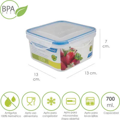 Immagine prodotto di Contenitore quadrato ermetico in plastica da 700 ml. 13x13x7 (H) cm.