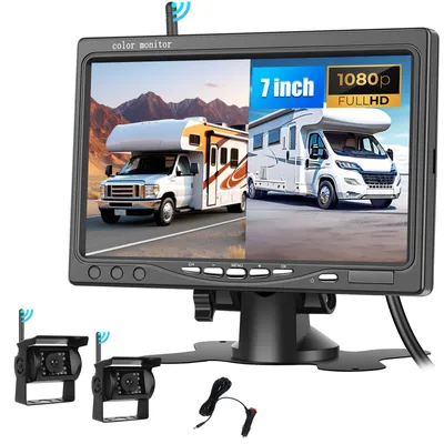 Image de Kit de caméra de recul sans fil, HD 1080p, écran de 7 pouces avec 2 caméras de recul sans fil pour remorque, camping-car, camion, voiture, bus, étanche IP68