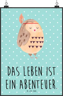 Produktbild von Mr. & Mrs. Panda Bild Eule Federschmuck DIN A2 - Türkis Pastell - Geschenk, Dekoration, wanddeko, Owl, kunstdruck poster, Waldtiere, drucke, Abenteuer
